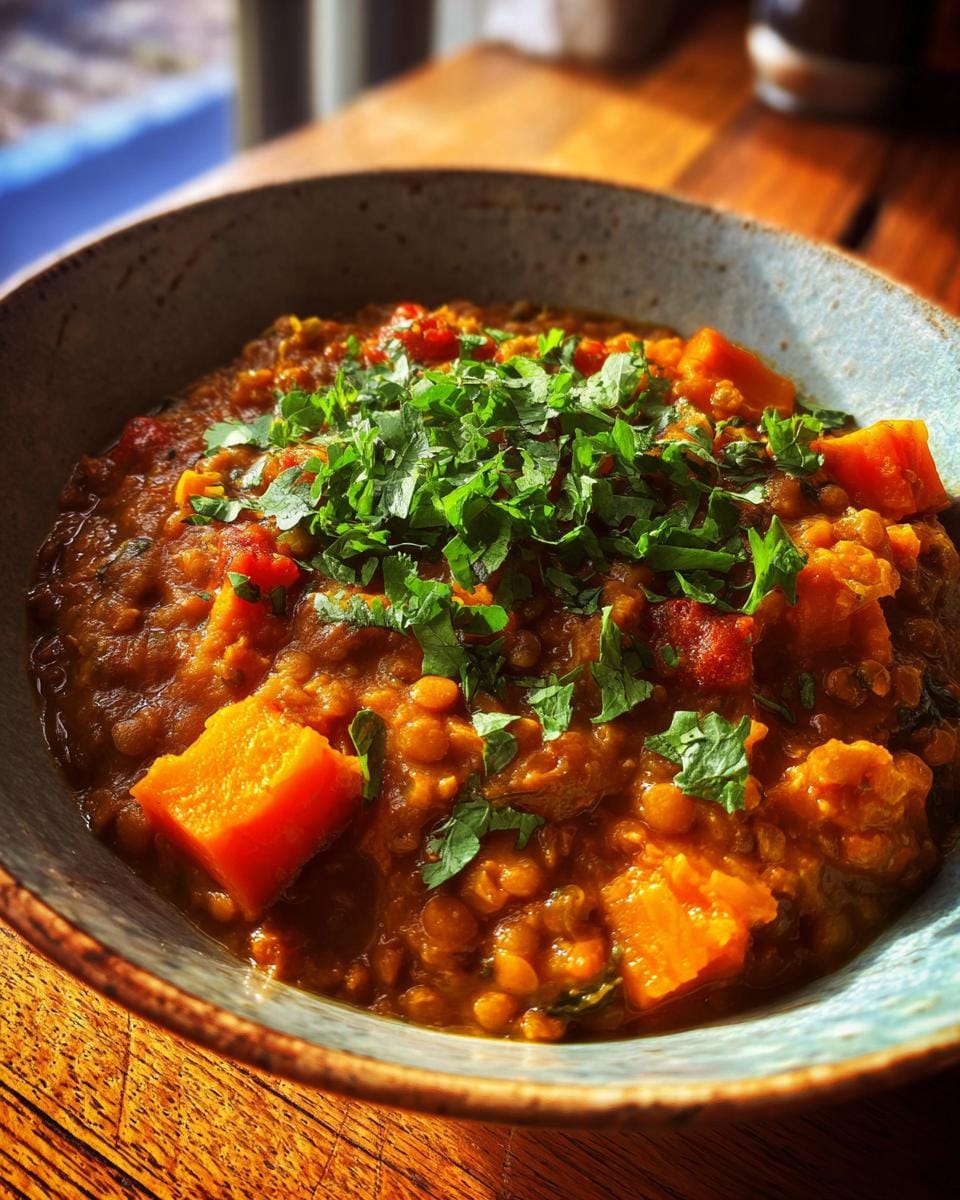 Close-up of Linsen-Kokos-Curry mit Kürbis (lentil coconut curry with pumpkin) in a bowl, garnished with fresh parsley.