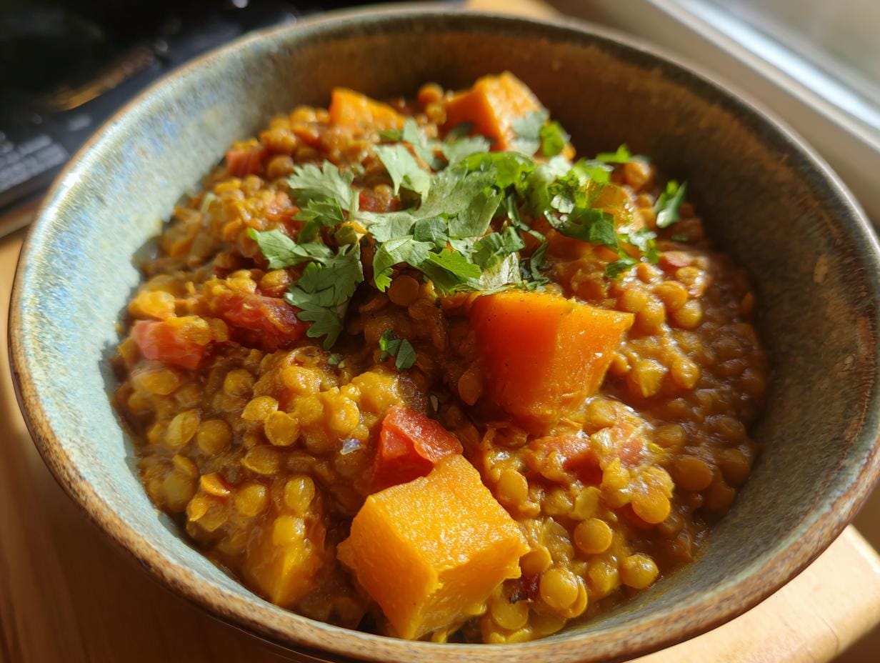 Close-up of Linsen-Kokos-Curry mit Kürbis in a bowl, garnished with fresh cilantro.