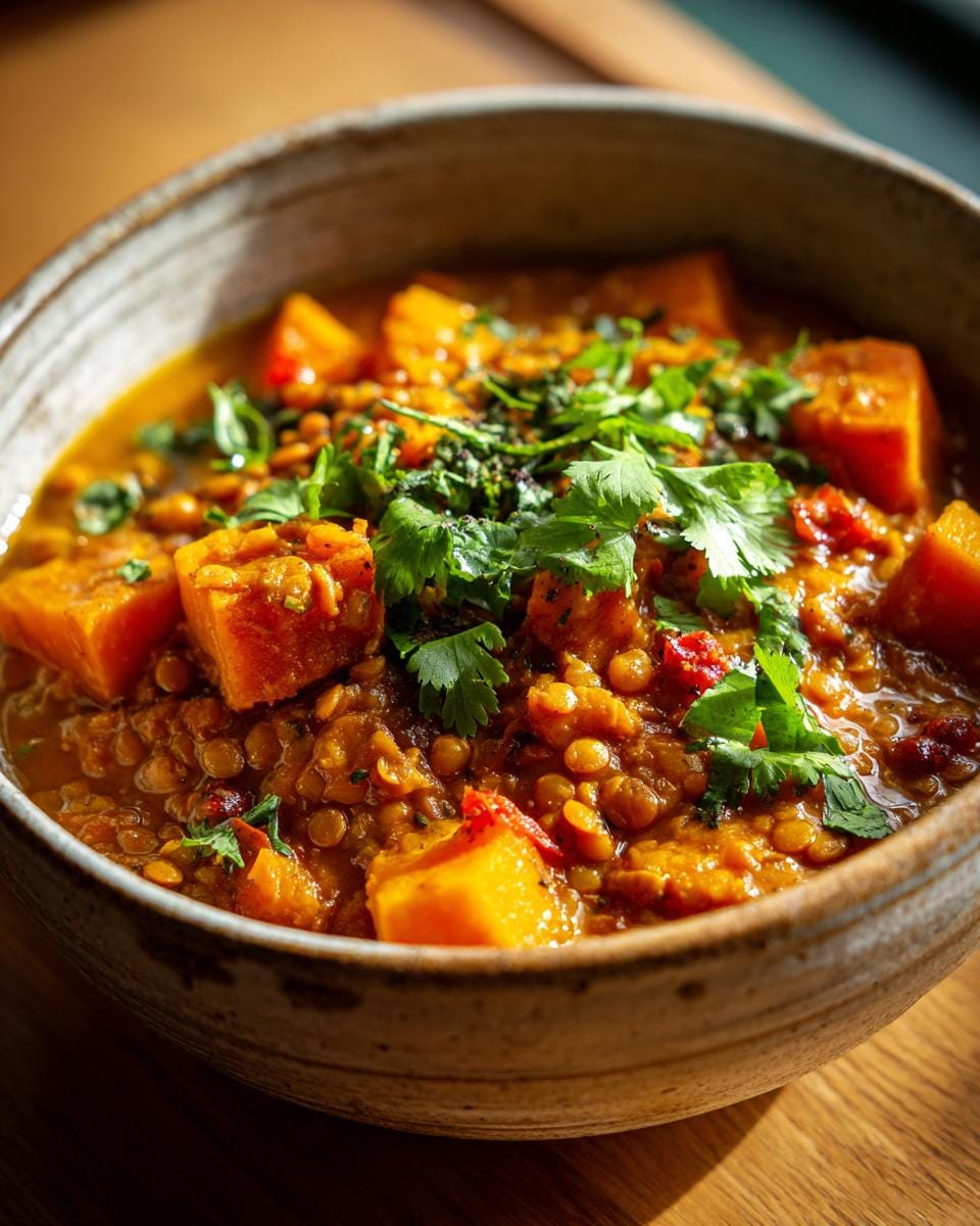 Close-up of Linsen-Kokos-Curry mit Kürbis in einer Schüssel, garniert mit Koriander.