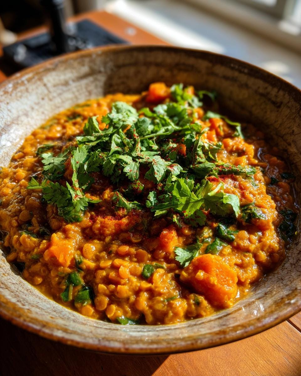 Close-up of Linsen-Kokos-Curry mit Kürbis in a bowl, garnished with fresh cilantro and spices.