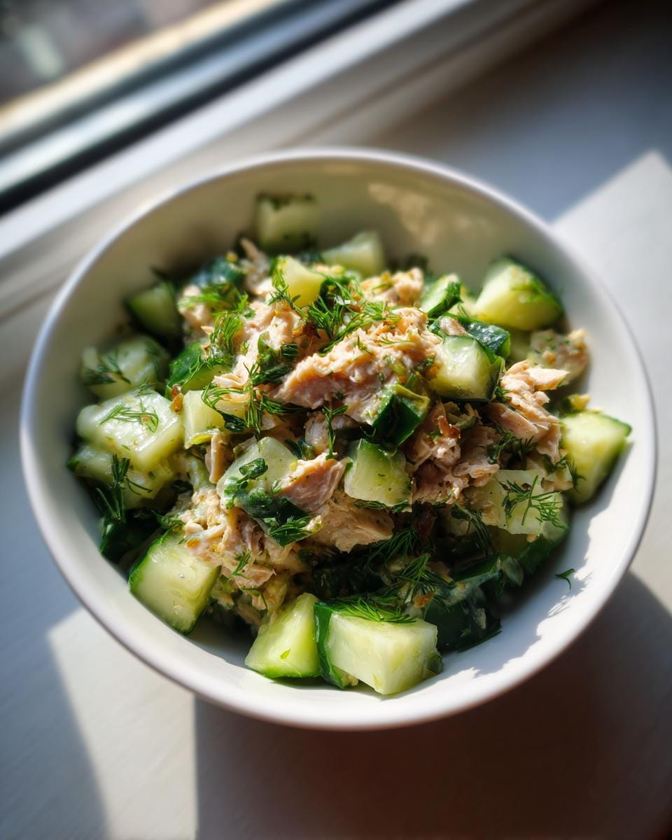 Nahaufnahme eines Schüssel Makrelen-Salat mit Gurke & Joghurt, garniert mit Dill.