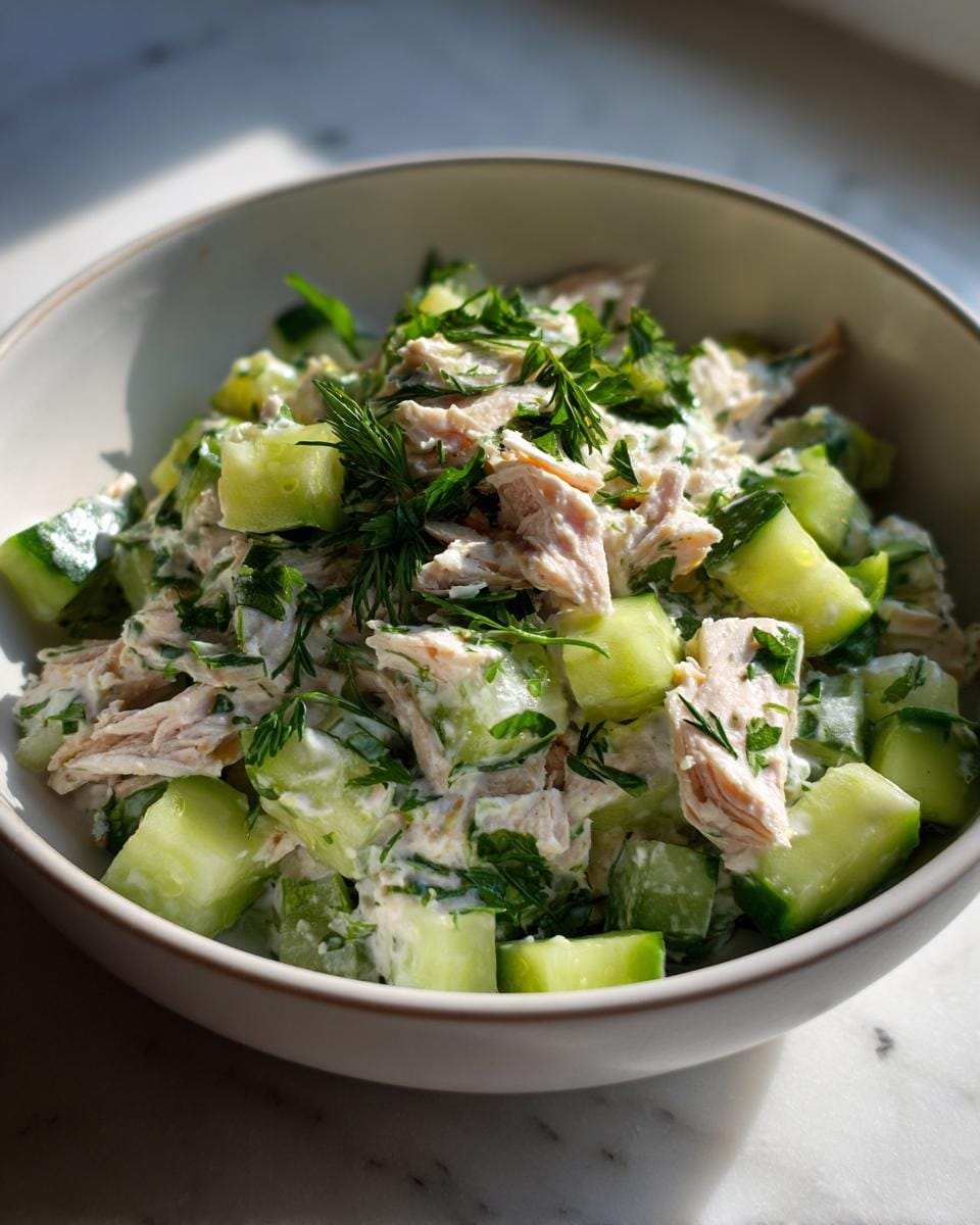 Bowl of Makrelen-Salat mit Gurke & Joghurt, featuring mackerel, cucumber, yogurt dressing, and fresh herbs.