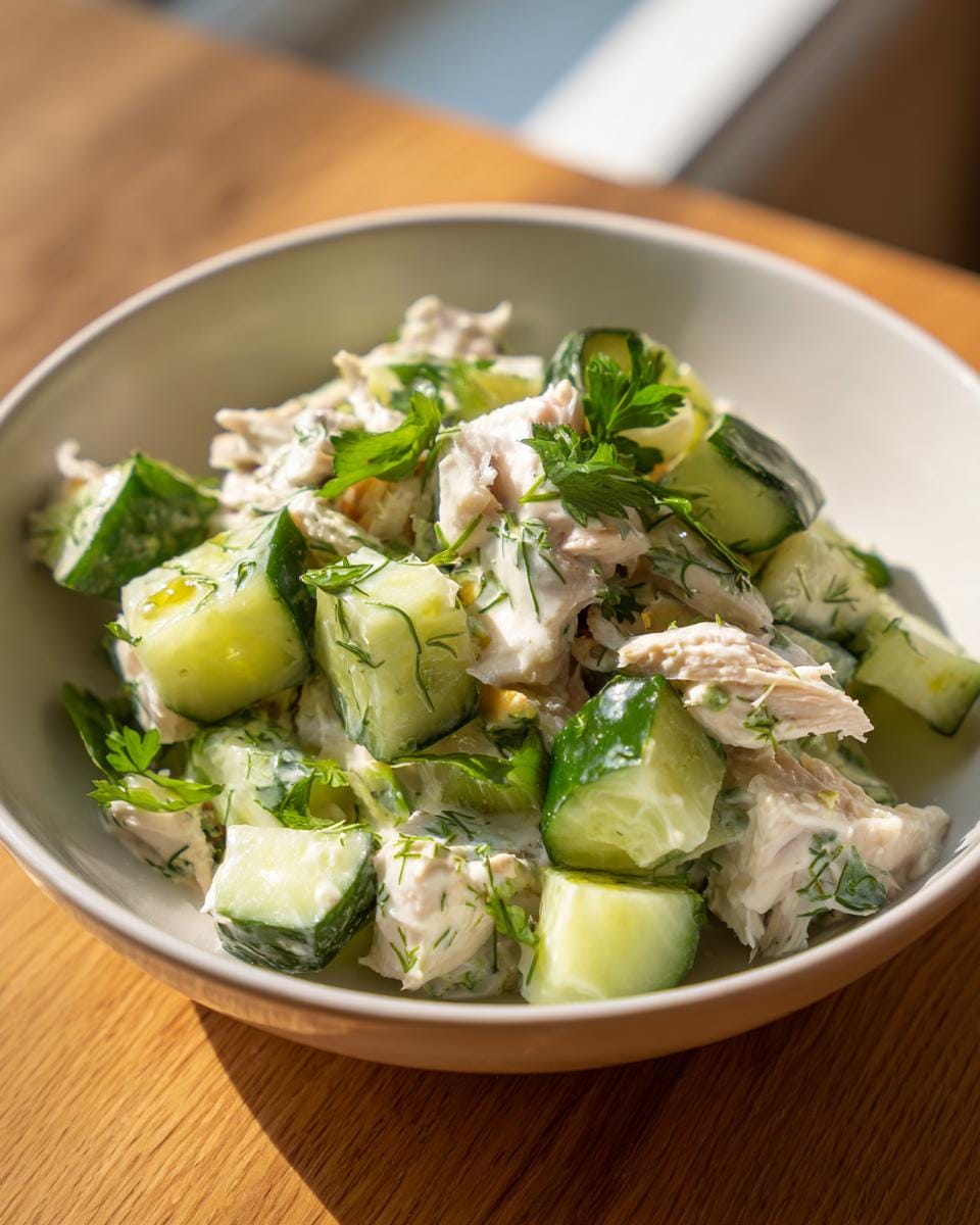 Nahaufnahme von Makrelen-Salat mit Gurke und Joghurt, serviert in einer Schüssel, garniert mit Dill und Petersilie.