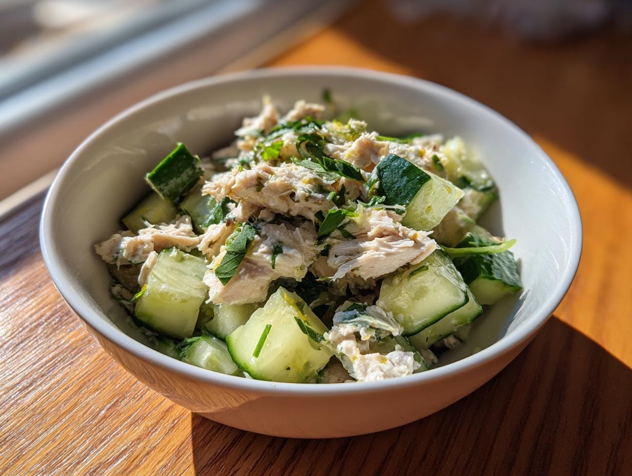 Nahaufnahme eines Schüssel mit Makrelen-Salat mit Gurke & Joghurt, garniert mit frischen Kräutern.