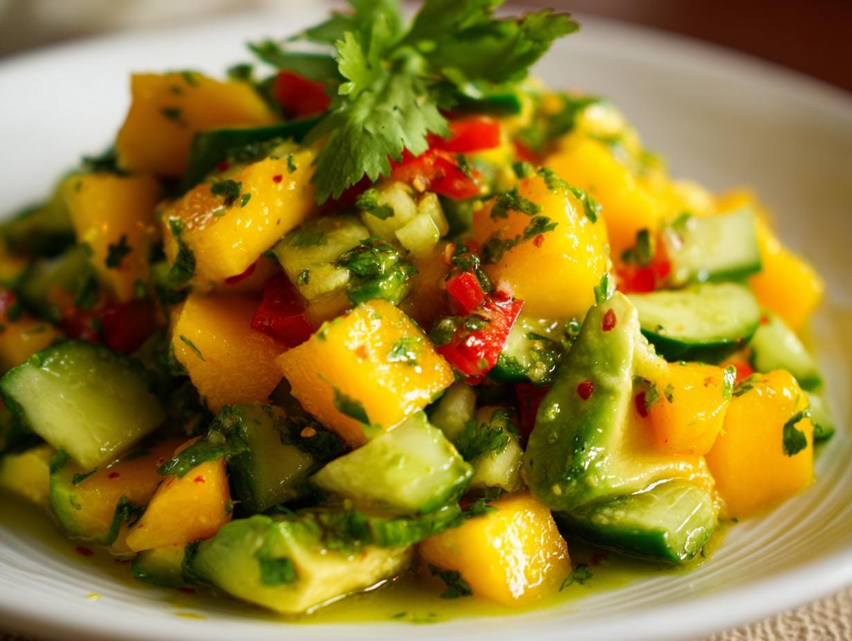 Close-up of Mango-Gurken-Salat mit Avocado, showing mango, cucumber, avocado, and herbs on a white plate.