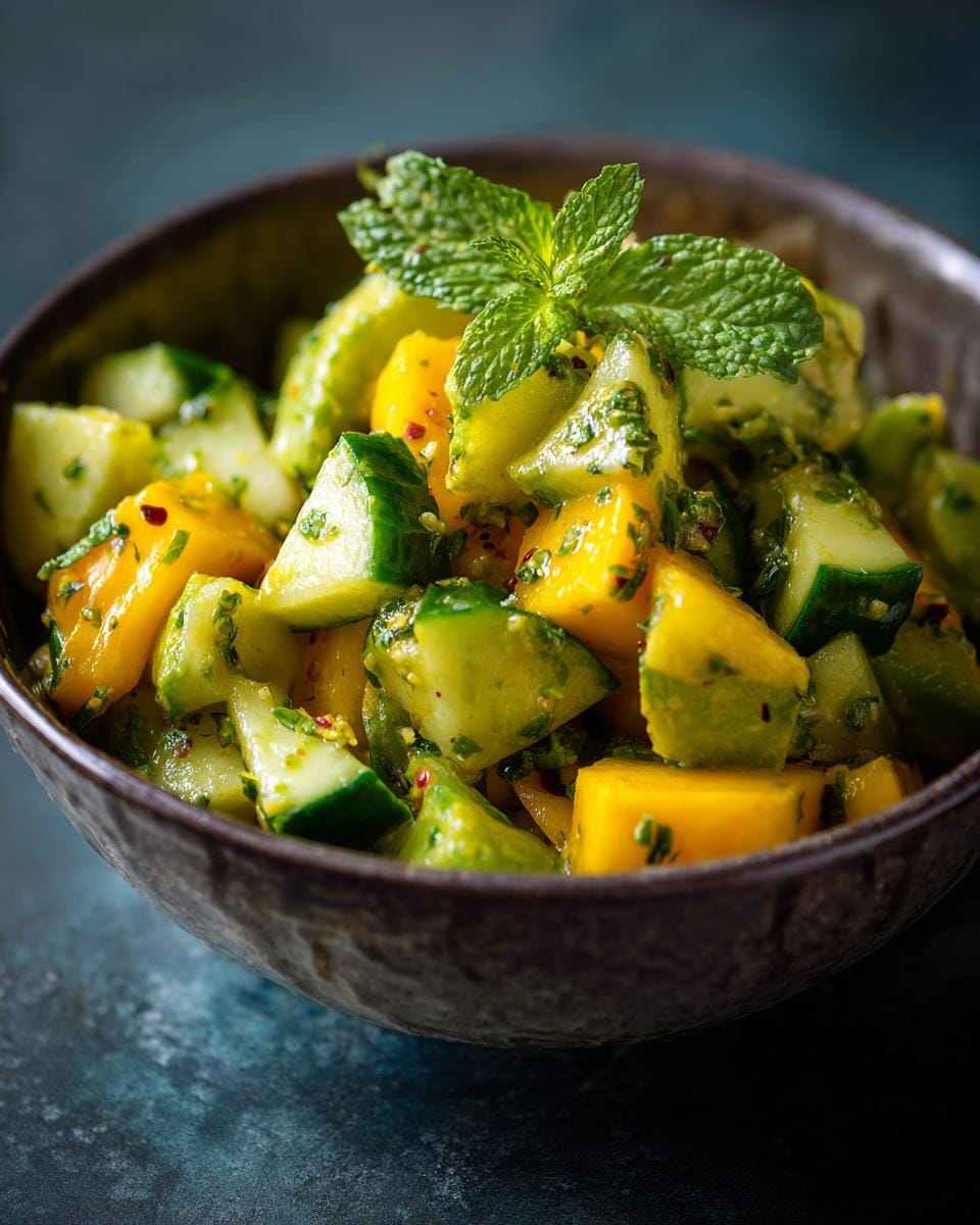 Close-up of Mango-Gurken-Salat mit Avocado in a dark bowl, garnished with fresh mint.