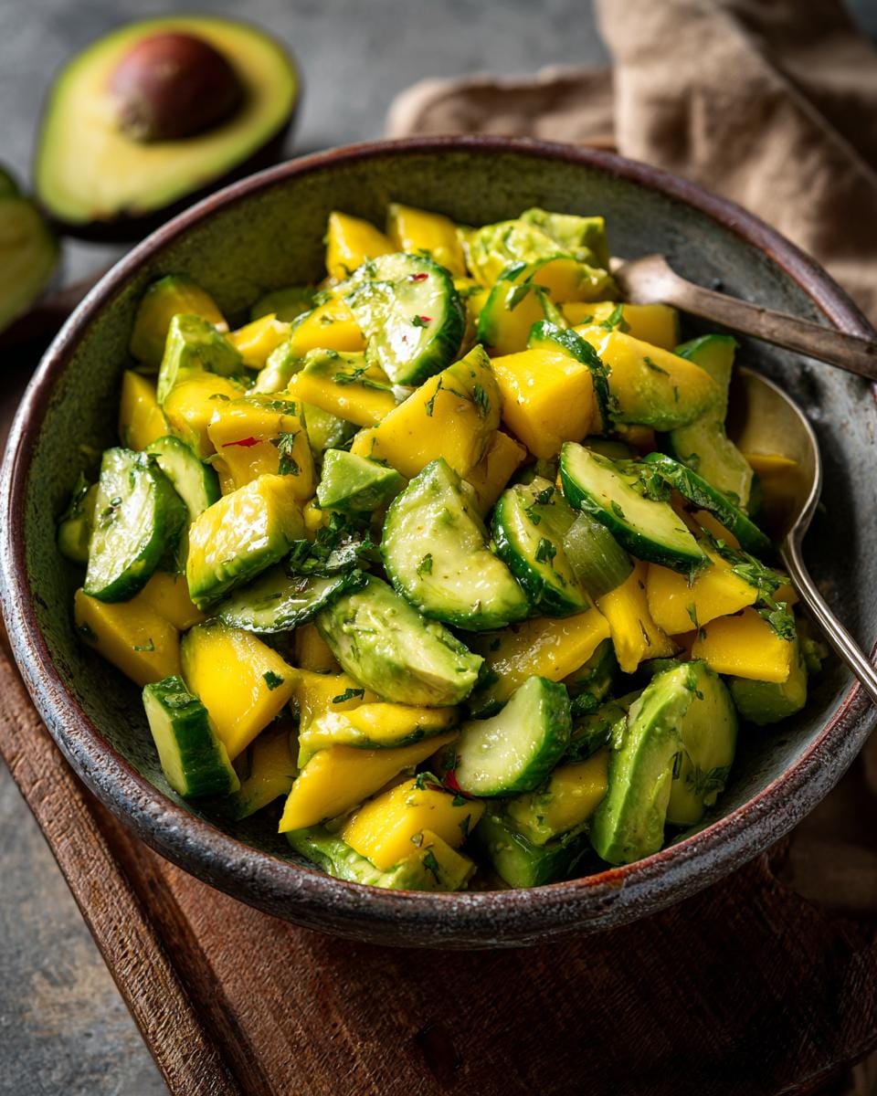Nahaufnahme von Mango-Gurken-Salat mit Avocado in einer Schale, servierfertig.