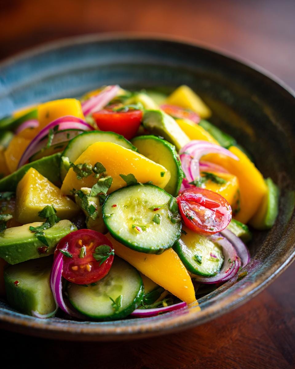 Nahaufnahme von Mango-Gurken-Salat mit Avocado, Tomaten und roten Zwiebeln in einer Schüssel.