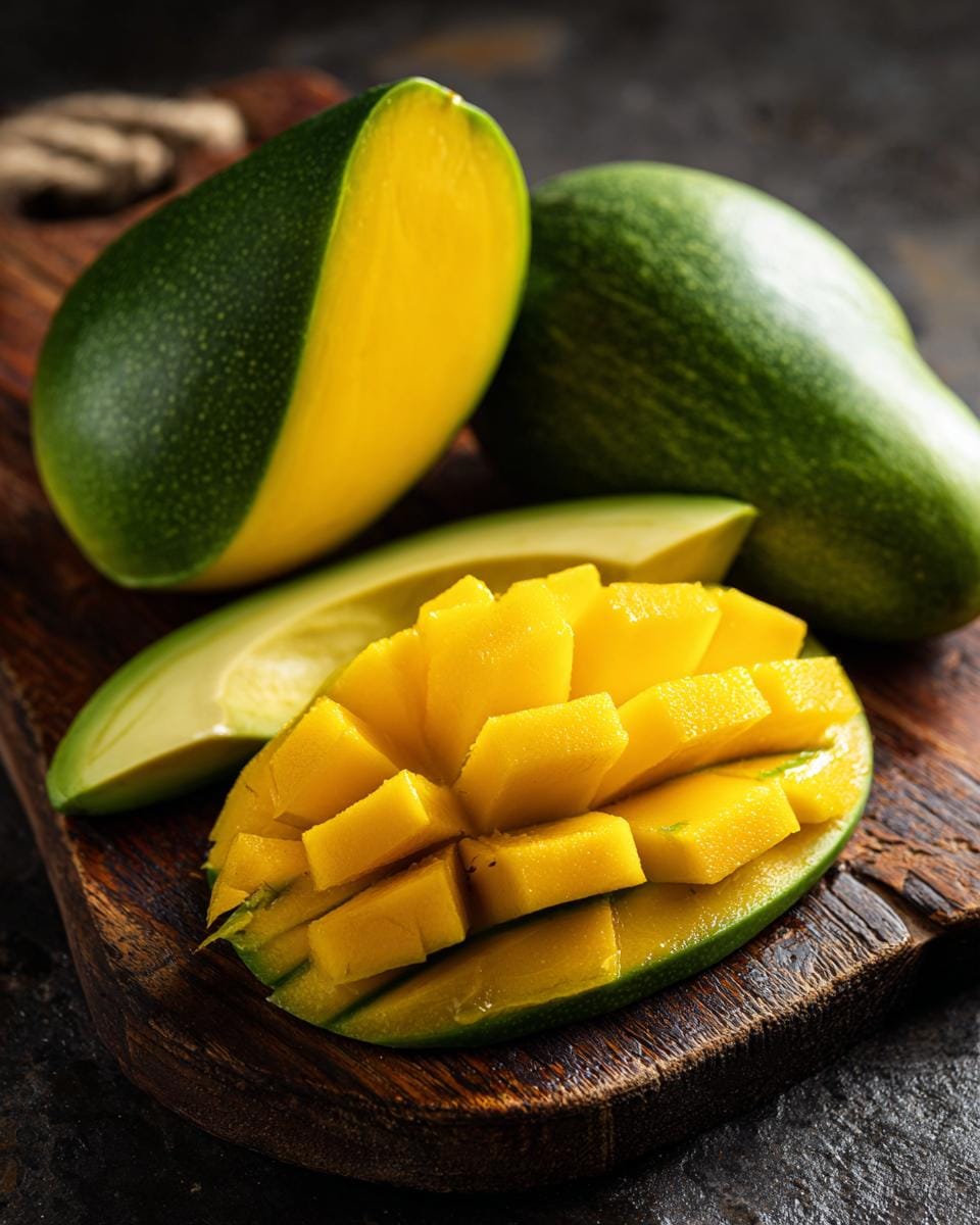 Close-up of fresh mango, prepared for a Mango-Gurken-Salat mit Avocado recipe.