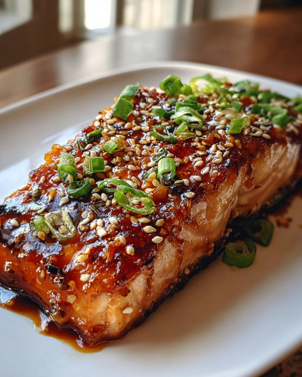 Close-up of Mango-Teriyaki-Lachs fillet, glazed and topped with sesame seeds and green onions.