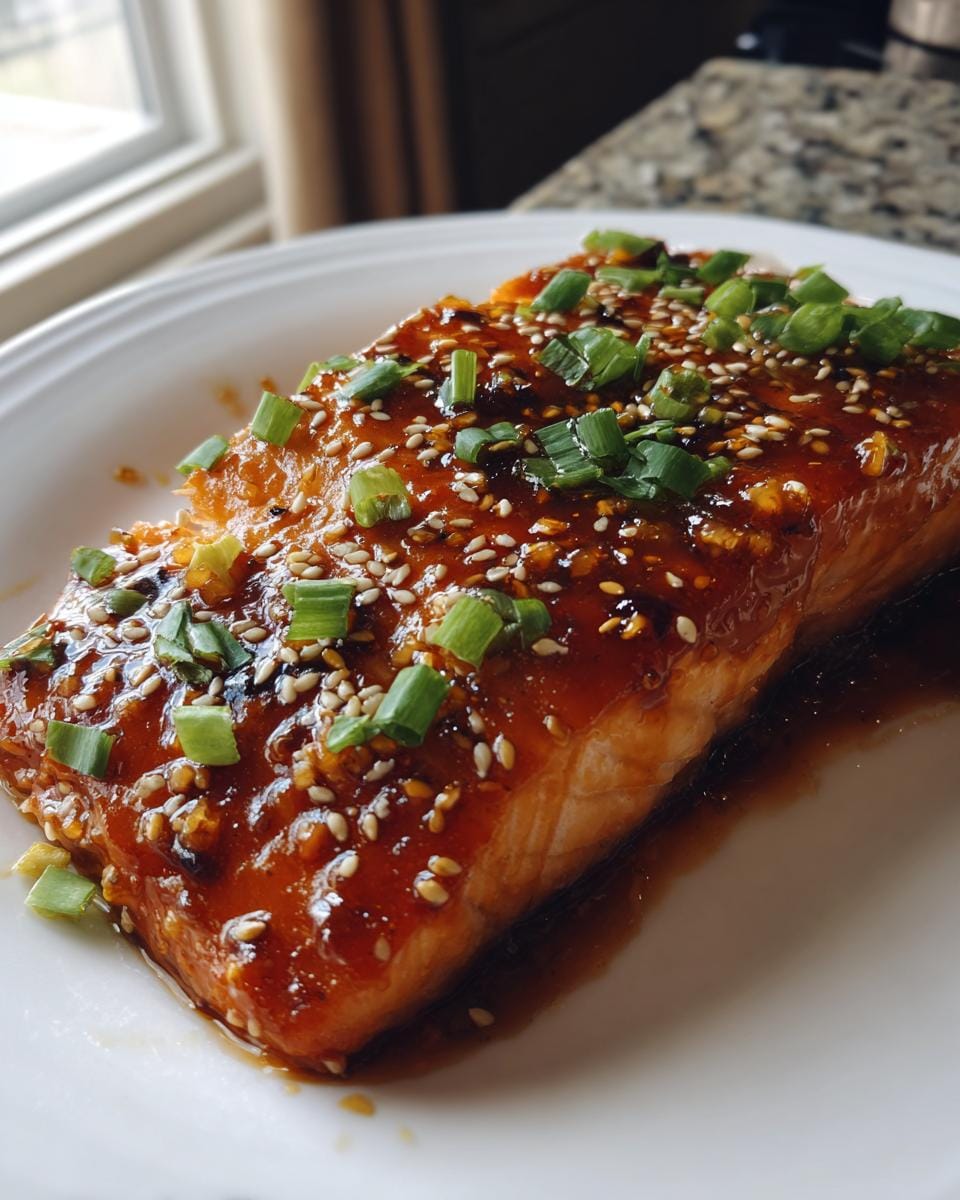 Close-up of Mango-Teriyaki-Lachs fillet, glazed and garnished with sesame seeds and green onions.
