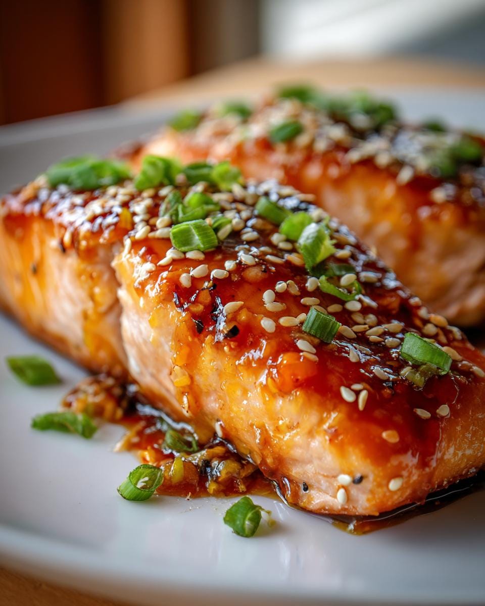 Two pieces of Mango-Teriyaki-Lachs garnished with sesame seeds and green onions on a white plate.