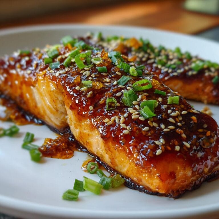 Two pieces of Mango-Teriyaki-Lachs garnished with sesame seeds and green onions on a white plate.