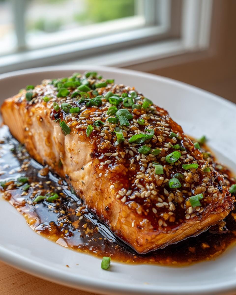 Delicious Mango-Teriyaki-Lachs fillet, glazed and garnished with sesame seeds and fresh scallions.