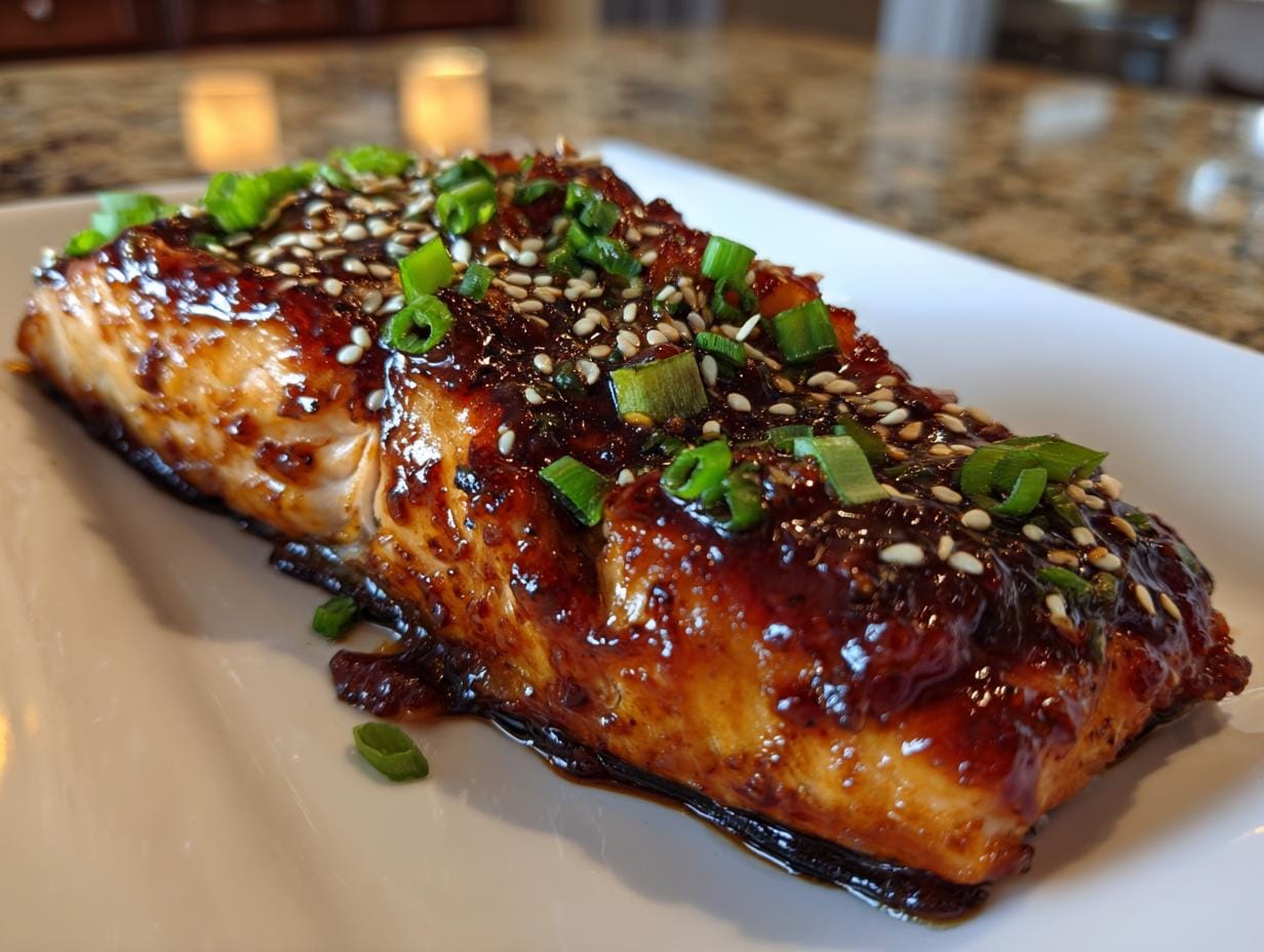 Close-up of Mango-Teriyaki-Lachs, garnished with sesame seeds and green onions.