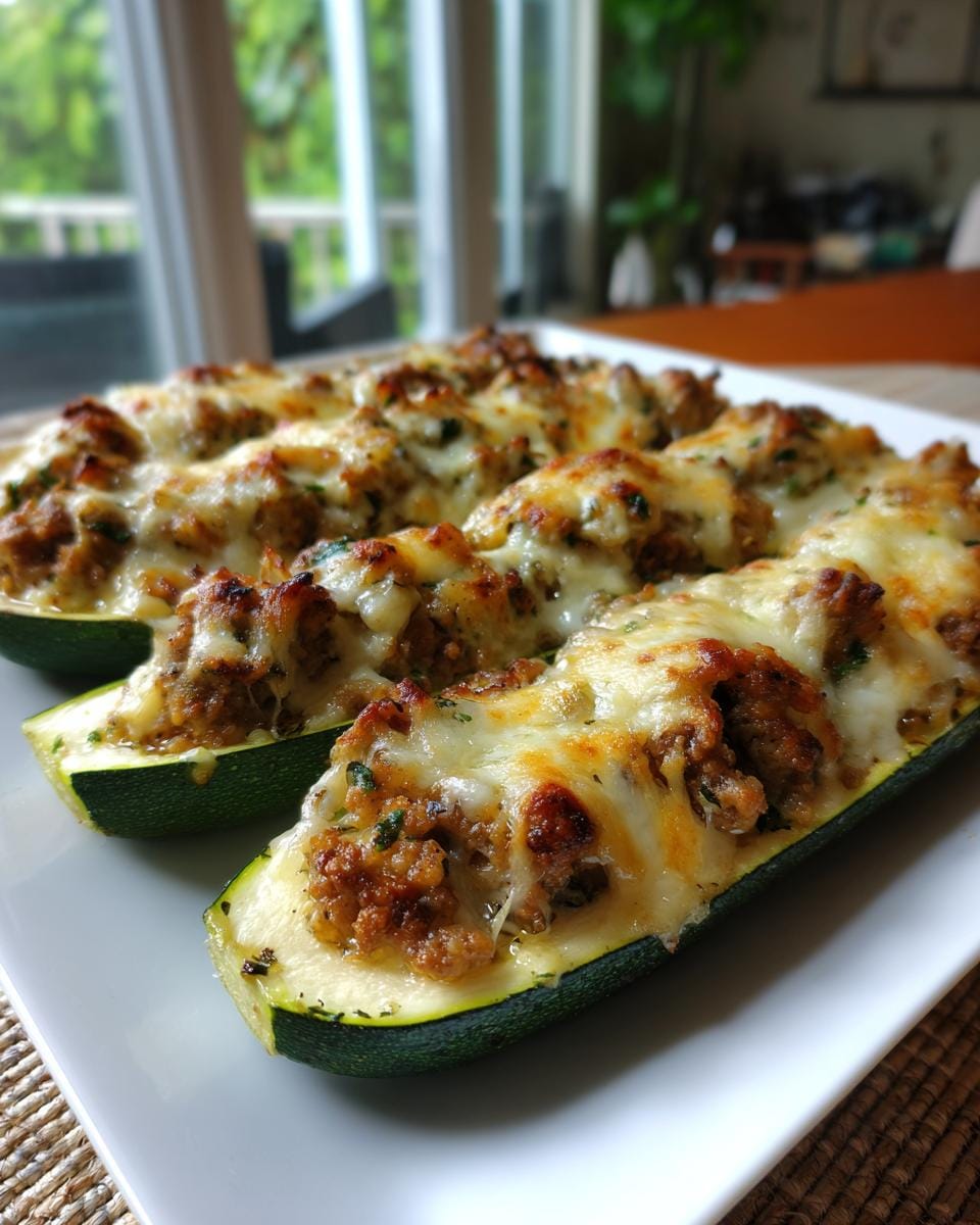 Close-up of Mediterran Gefüllte Zucchini topped with melted cheese on a white plate.