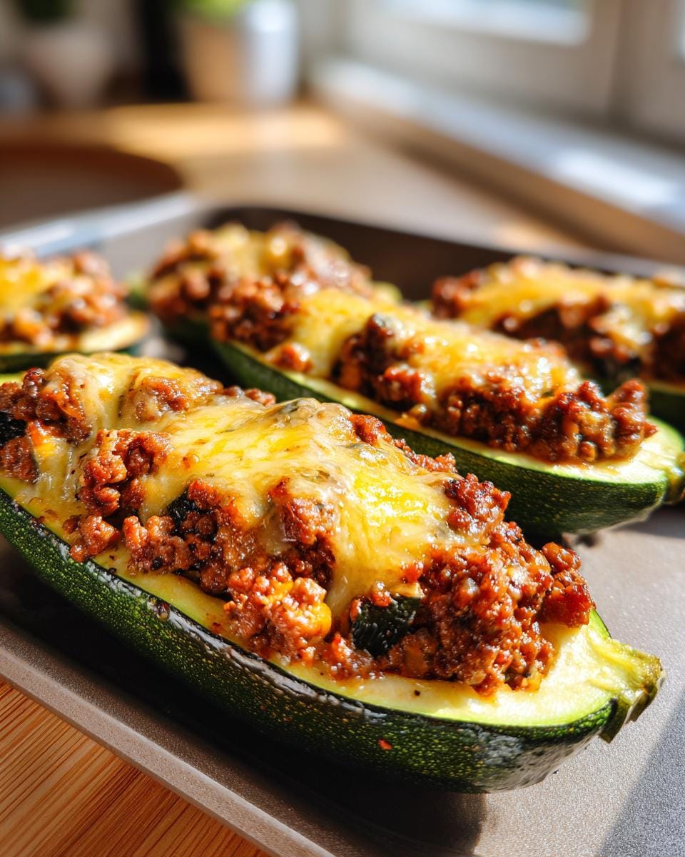 Close-up of Mediterran Gefüllte Zucchini topped with melted cheese on a baking sheet.