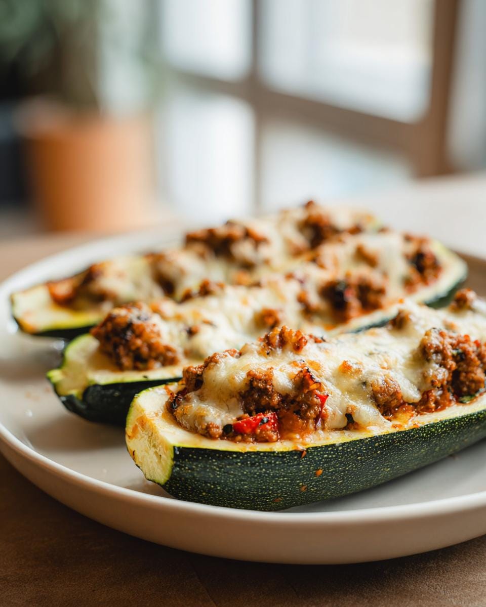 Three halves of Mediterran Gefüllte Zucchini, filled with meat and vegetables, topped with melted cheese.