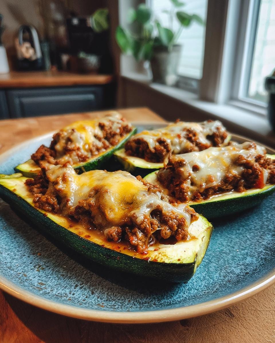 Four Mediterran Gefüllte Zucchini halves topped with melted cheese on a blue plate.