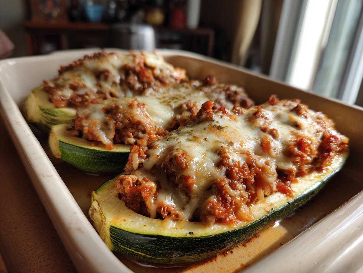 Close-up of Mediterran Gefüllte Zucchini topped with melted cheese in a baking dish.