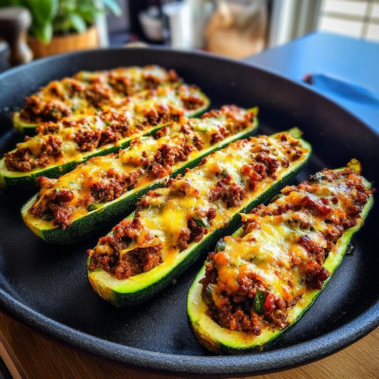 Mediterran Gefüllte Zucchini in a black pan, topped with melted cheese. Delicious and ready to serve.