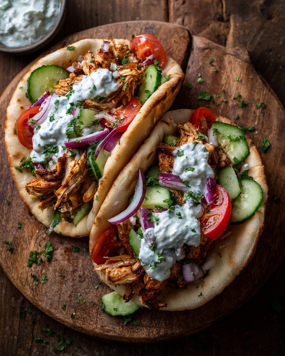 Two Mediterrane Hähnchen-Gyros filled with chicken, vegetables, and tzatziki sauce on pita bread.