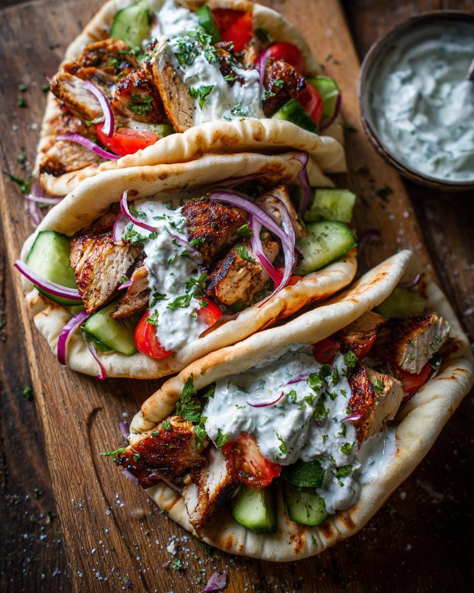Three Mediterrane Hähnchen-Gyros on pita bread with chicken, tzatziki, and fresh vegetables.