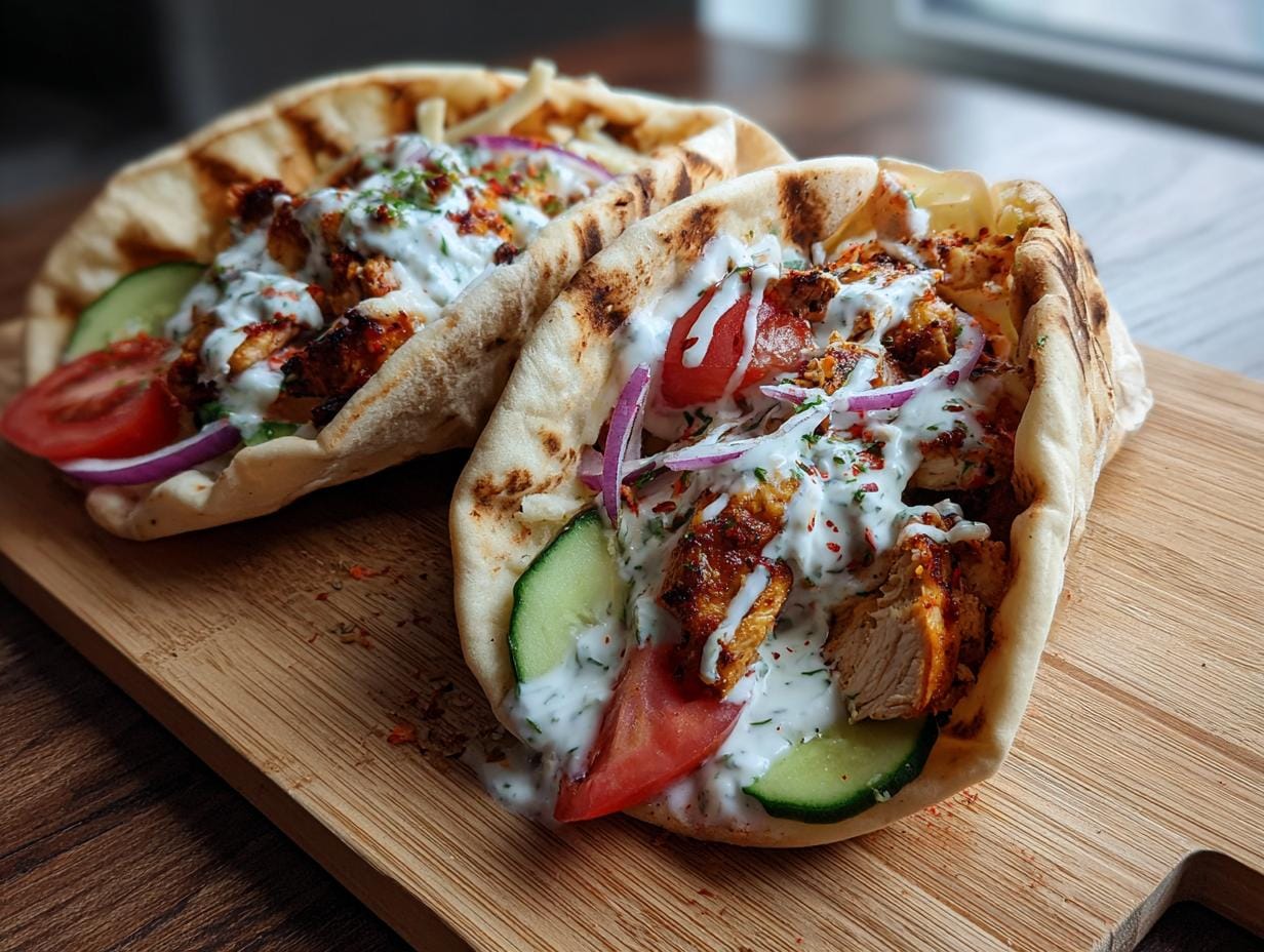 Two Mediterrane Hähnchen-Gyros pita pockets filled with chicken, tzatziki, tomato, cucumber, and red onion.