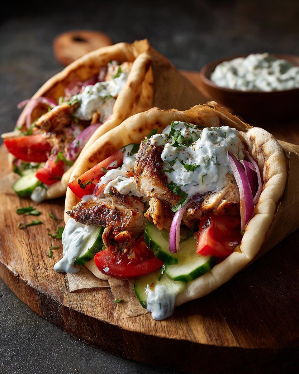 Two Mediterrane Hähnchen-Gyros filled with chicken, vegetables, and sauce on a wooden board.