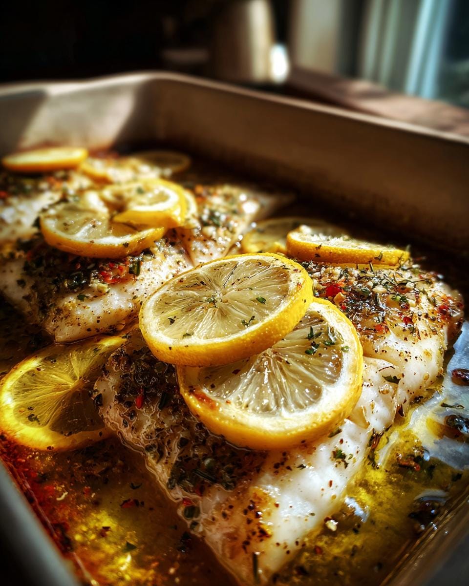 Close-up of Mediterraner Gebackener Fisch in a baking dish, topped with lemon slices and herbs.