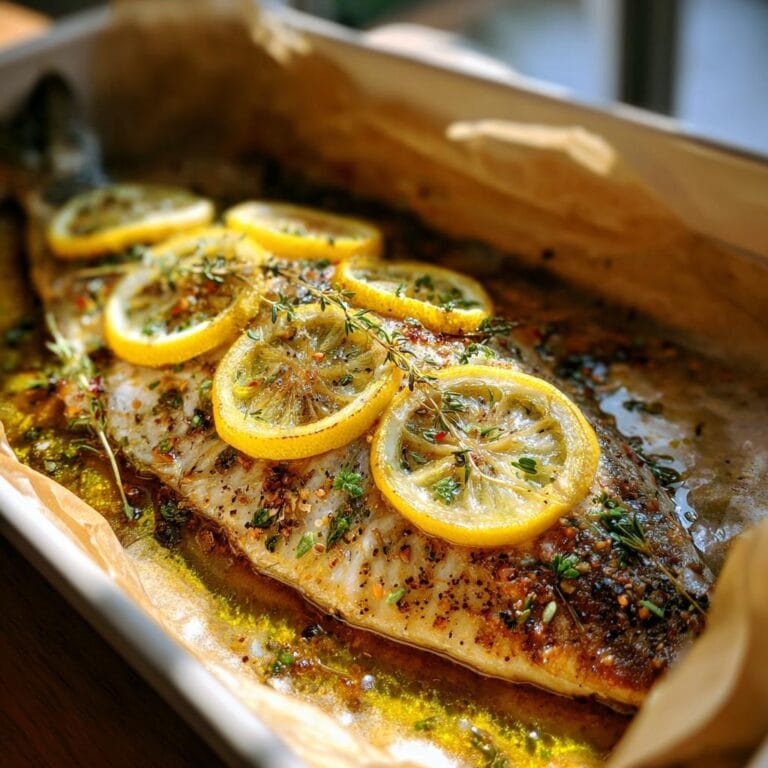 Mediterraner Gebackener Fisch, baked fish with lemon slices and fresh herbs in a baking dish.