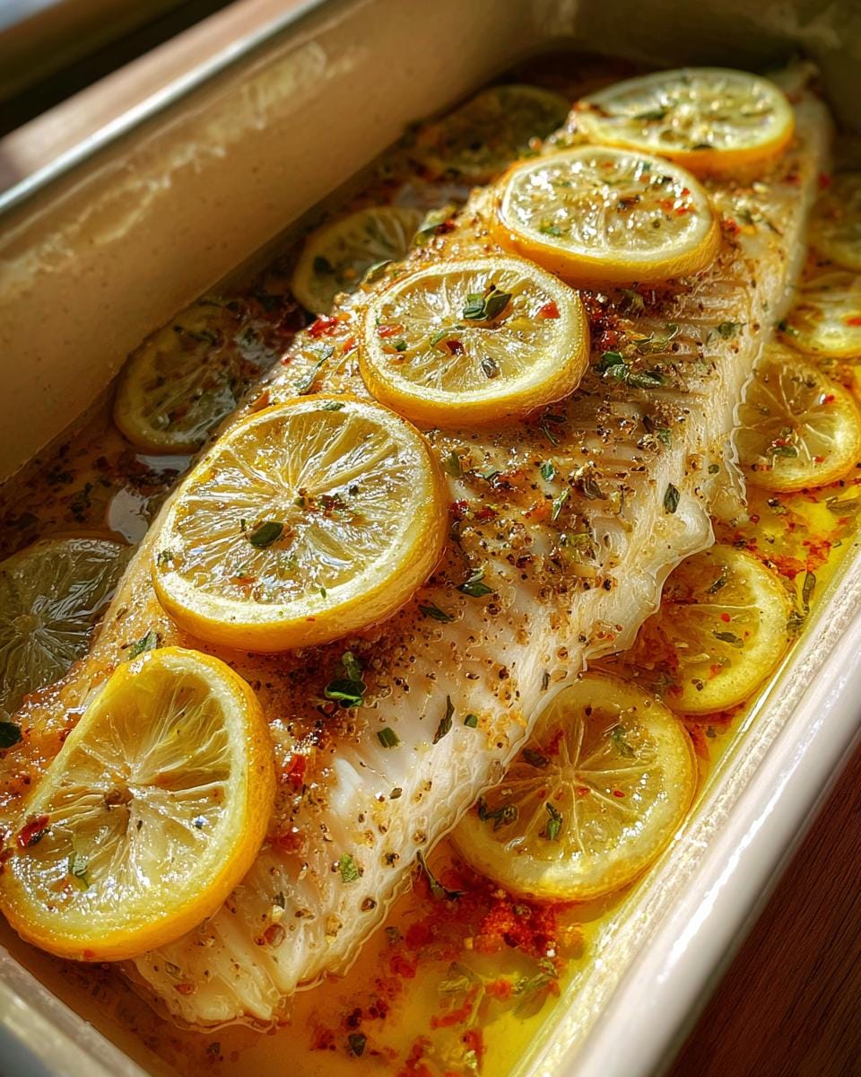 Close-up of Mediterraner Gebackener Fisch (Mediterranean Baked Fish) with lemon slices and herbs in a baking dish.