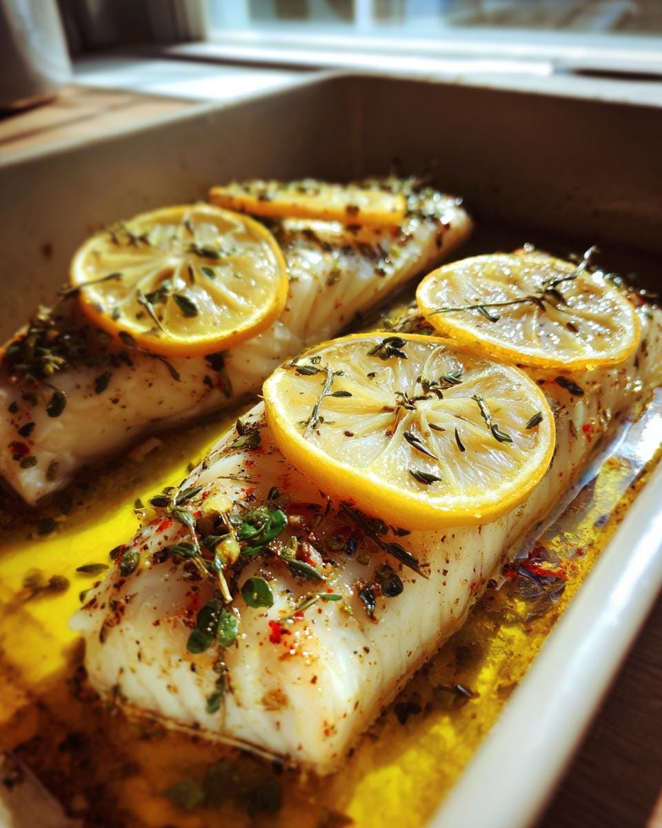 Mediterraner Gebackener Fisch, garniert mit Zitronenscheiben und Kräutern, in einer Auflaufform.