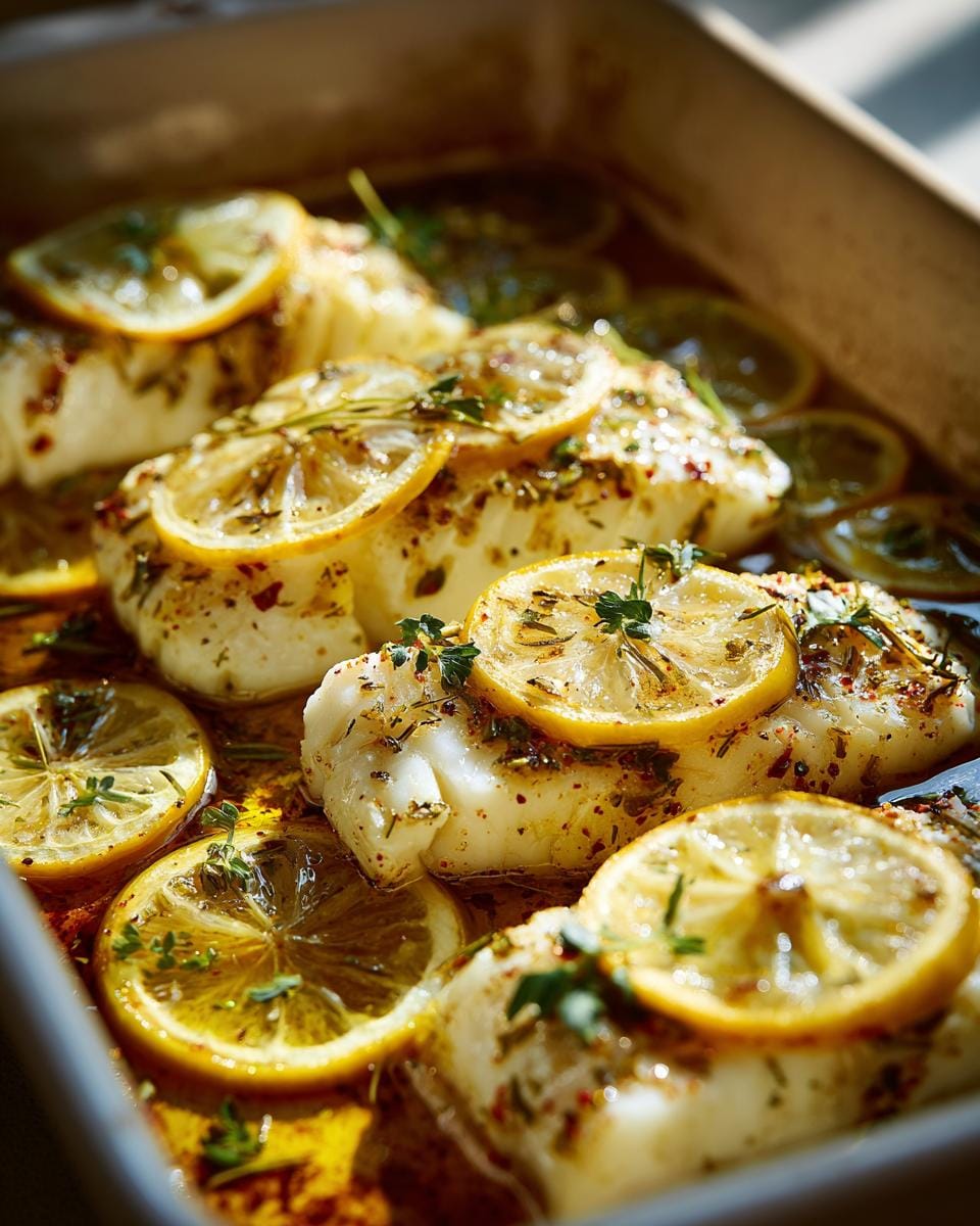 Mediterraner Gebackener Fisch mit Zitronenscheiben und Kräutern in einer Auflaufform.