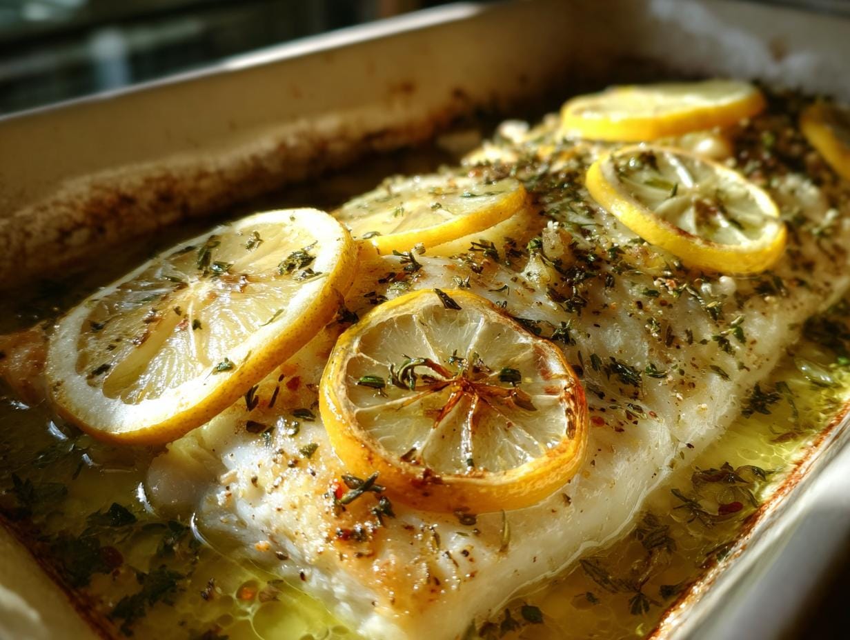 Nahaufnahme von Mediterraner Gebackener Fisch, garniert mit Zitronenscheiben und Kräutern.