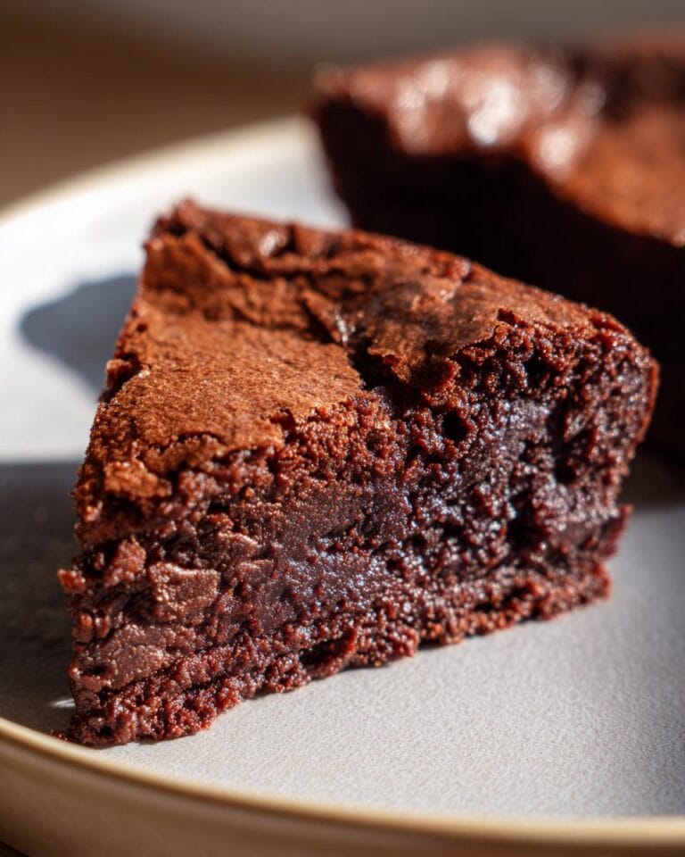 Close-up of a slice of Mehlfreie Griechischer-Joghurt-Brownies on a plate, showing its texture.