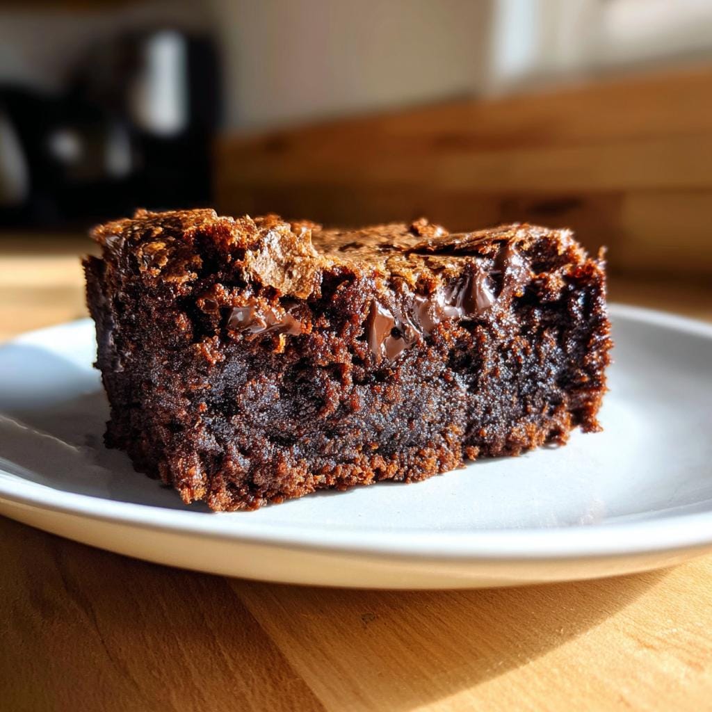Close-up of a Mehlfreie Griechischer-Joghurt-Brownies slice, showing the texture and melted chocolate.