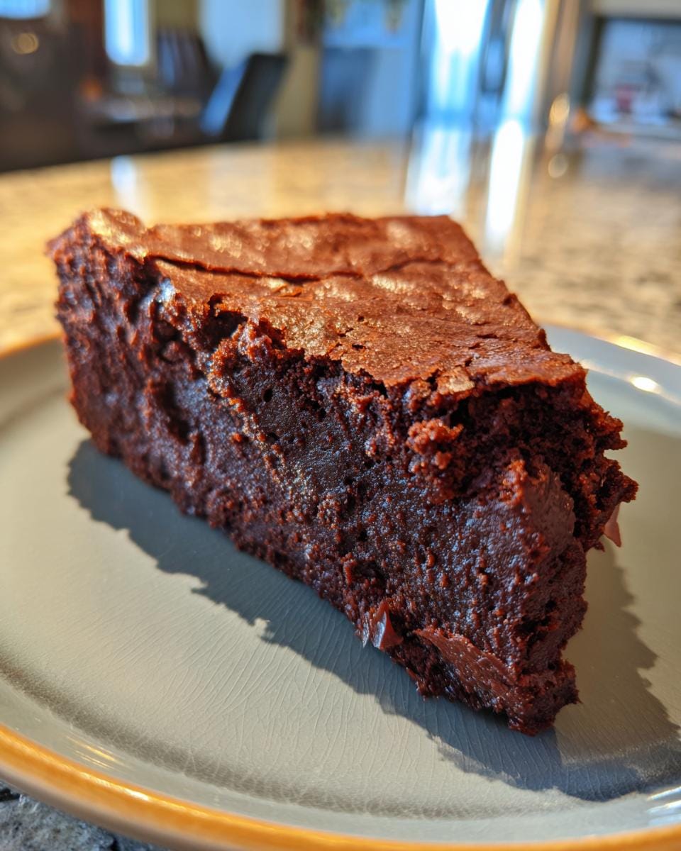 A slice of delicious Mehlfreie Griechischer-Joghurt-Brownies on a plate, showcasing its rich, dark chocolate color.