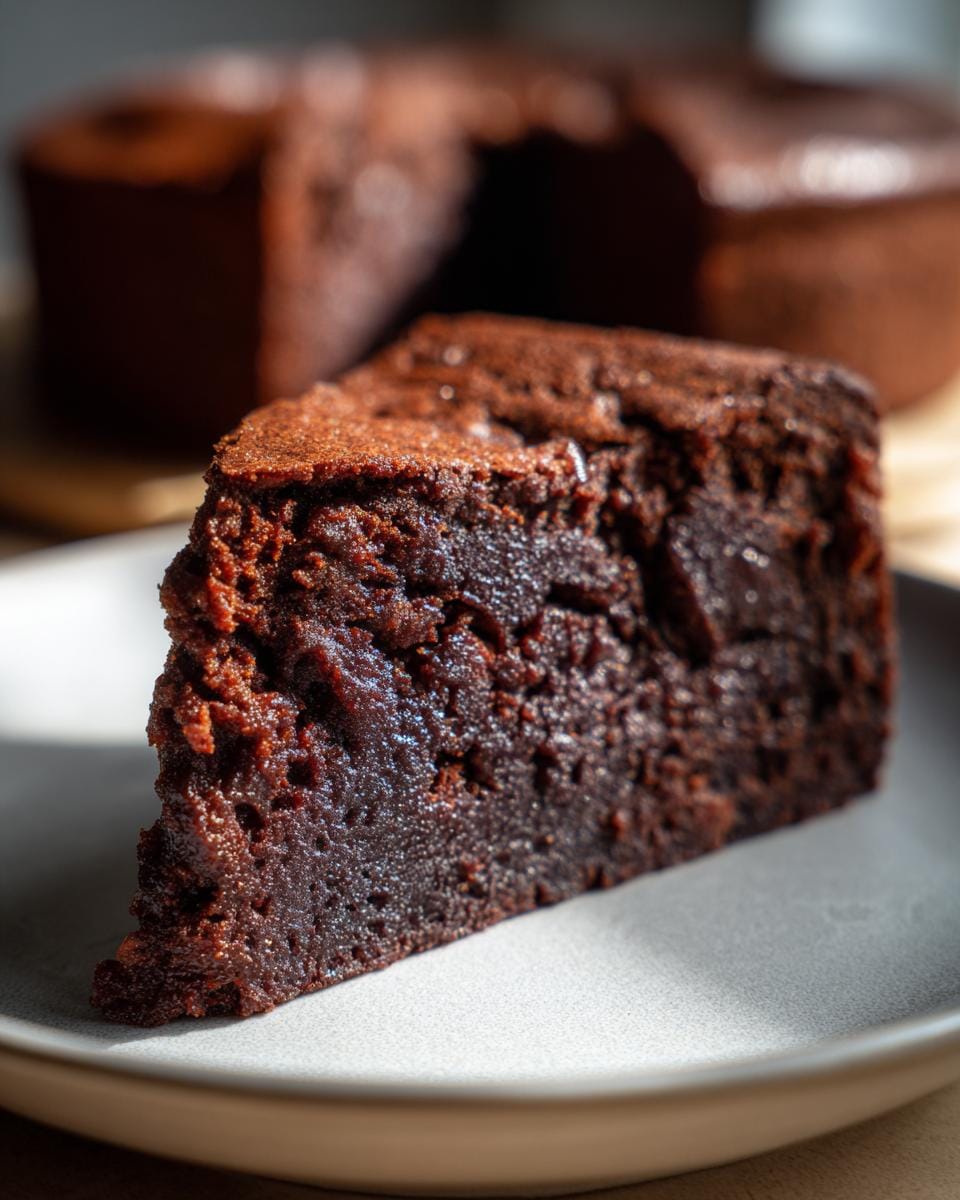 A slice of delicious Mehlfreie Griechischer-Joghurt-Brownies on a plate, showing its rich texture.