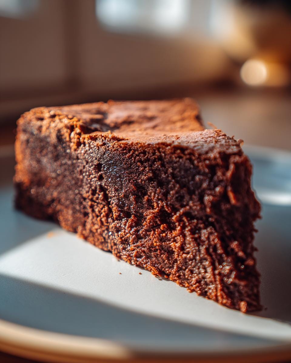 A slice of delicious Mehlfreie Griechischer-Joghurt-Brownies on a plate, showcasing its rich texture.