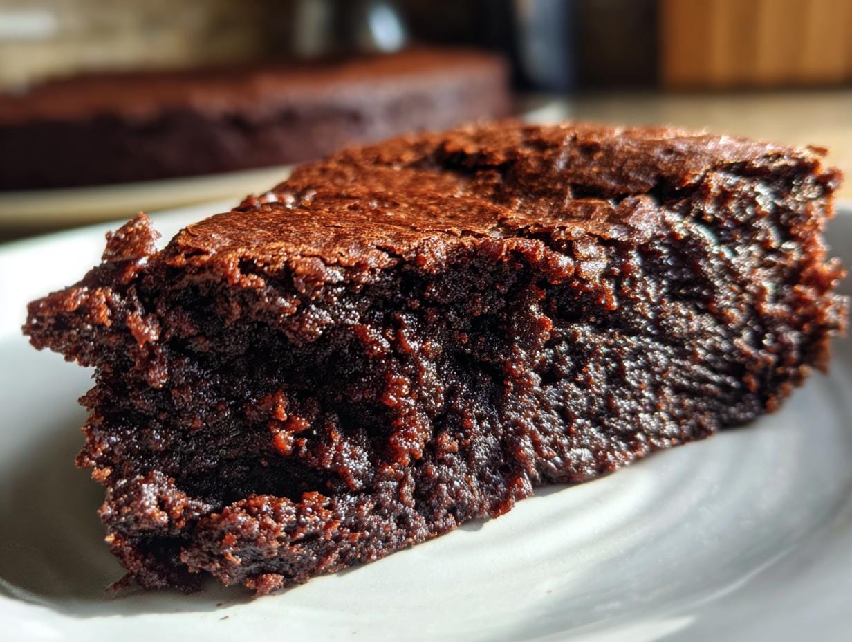 A slice of delicious Mehlfreie Griechischer-Joghurt-Brownies on a white plate.