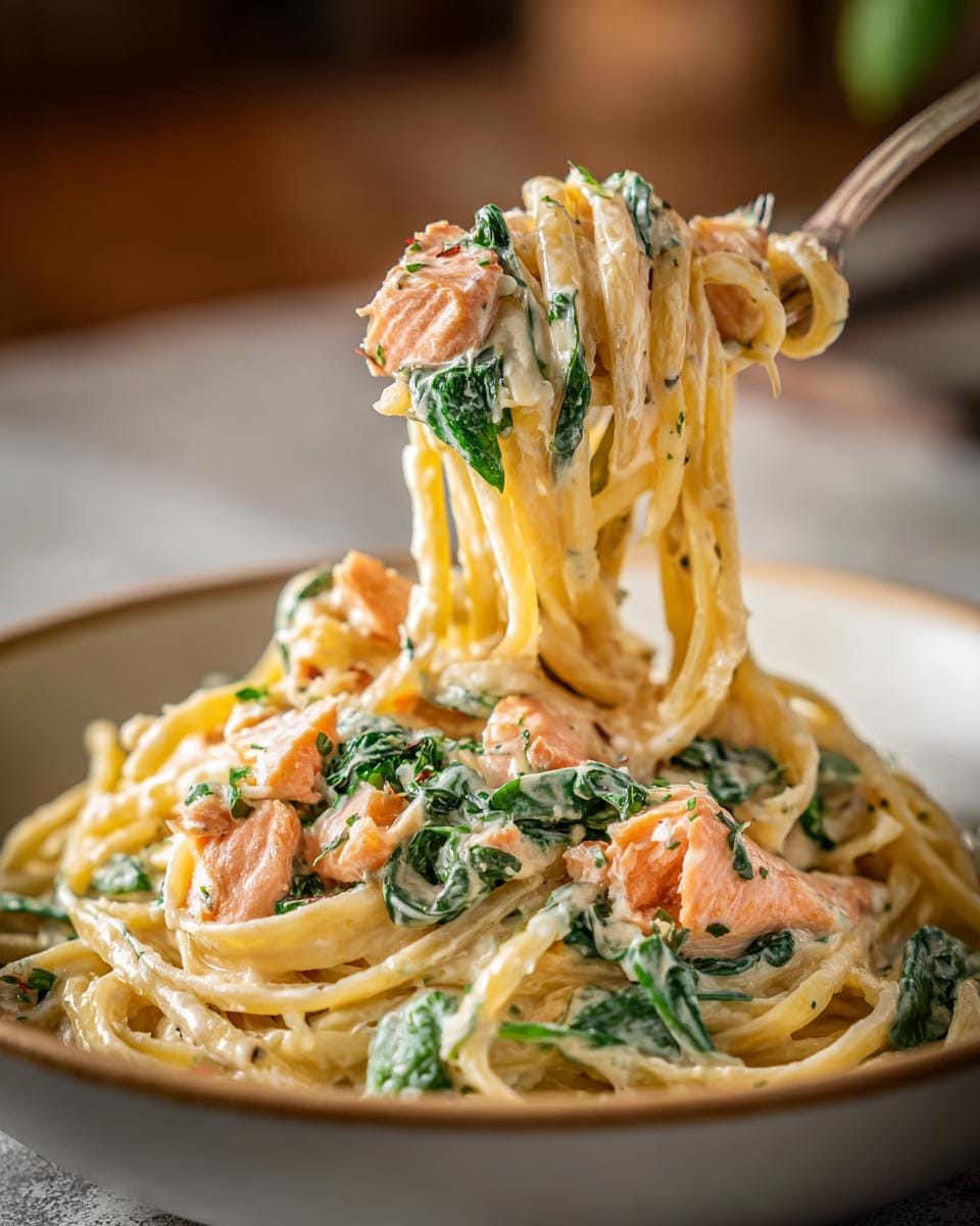 Close-up of Nudeln in Lachs Sahne Soße mit Spinat, showing creamy sauce, salmon pieces, and spinach.