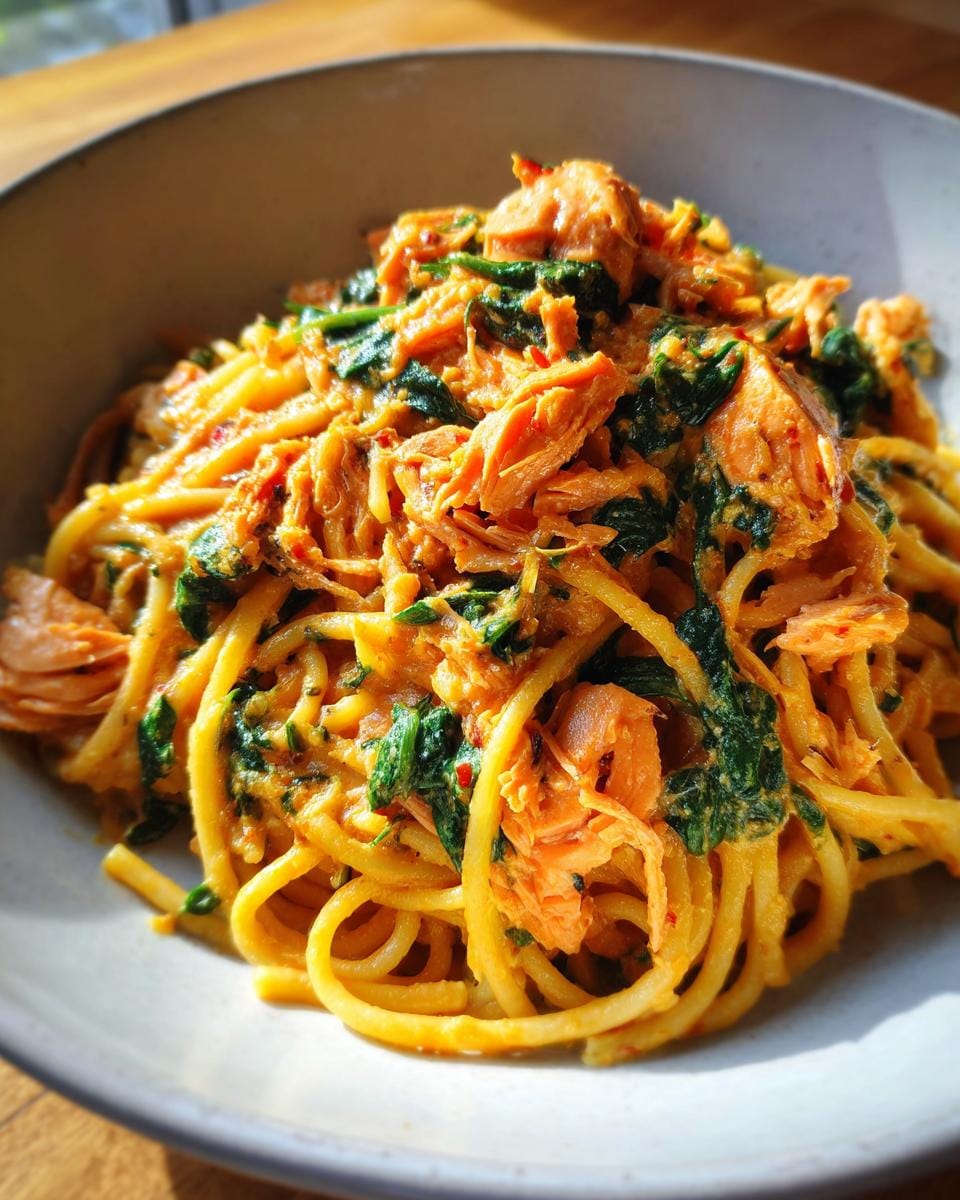 Close-up of Nudeln in Lachs Sahne Soße mit Spinat, showing noodles, salmon, spinach, and creamy sauce.
