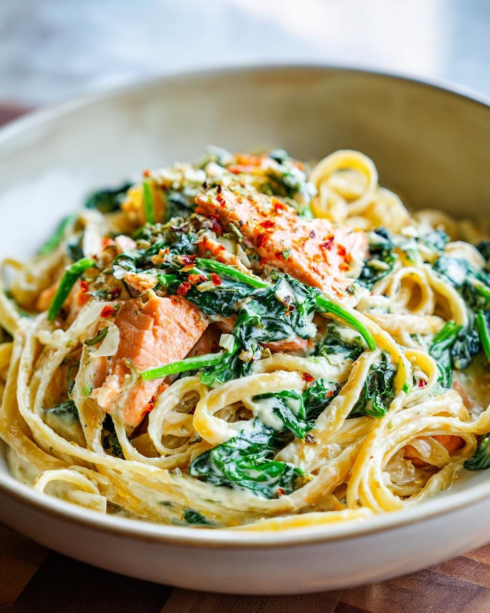 A bowl of creamy Nudeln in Lachs Sahne Soße mit Spinat, featuring pasta, salmon, spinach, and a creamy sauce.