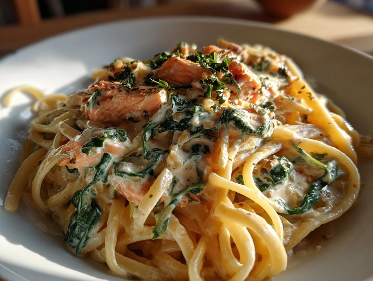 Close-up of Nudeln in Lachs Sahne Soße mit Spinat, a creamy pasta dish with salmon and spinach.