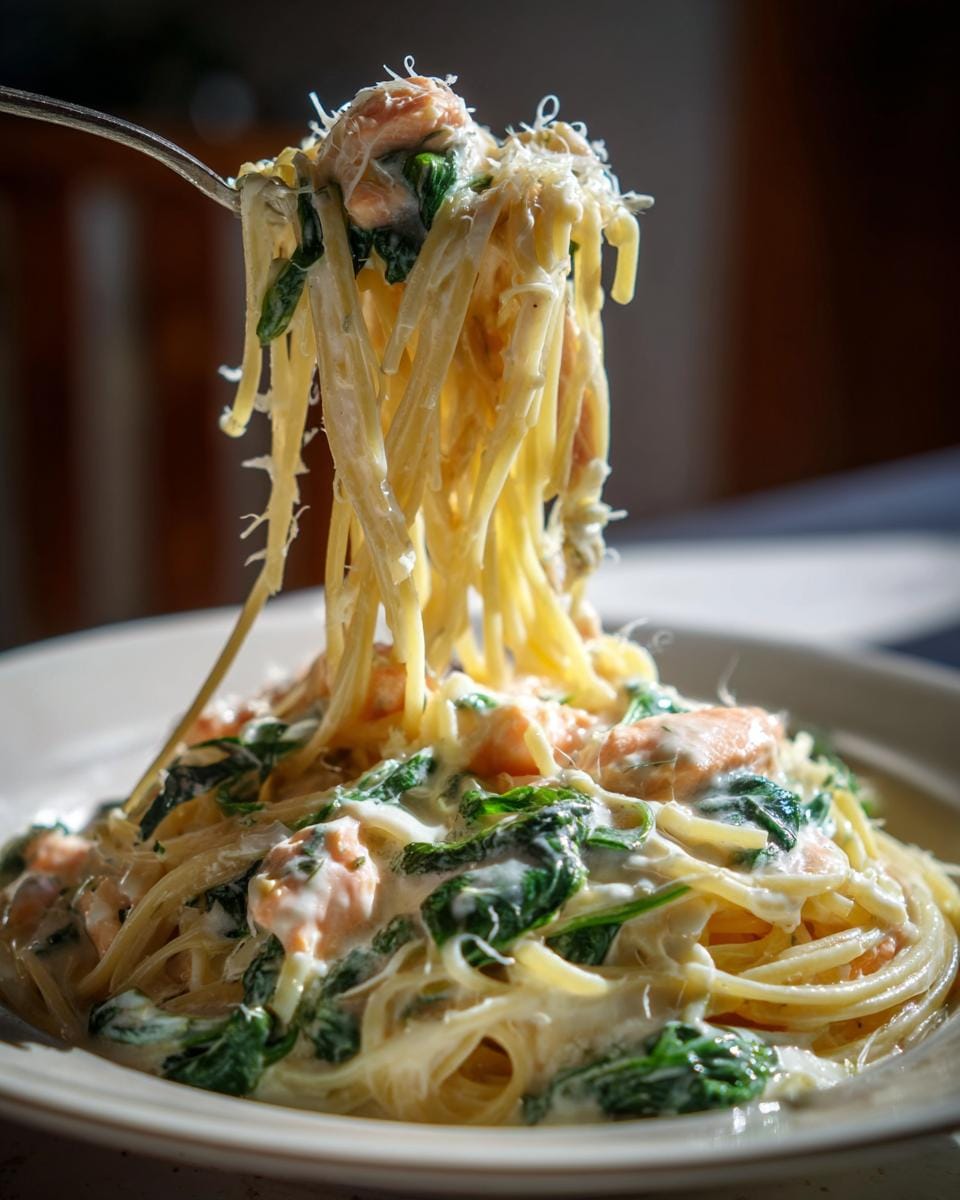 Fork lifting Nudeln in Lachs Sahne Soße mit Spinat, showcasing the creamy sauce, salmon, and spinach.