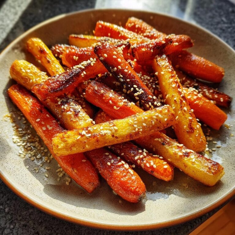 Close-up of Ofengeröstete Karotten mit Halloumi und Sesam, roasted carrots with sesame seeds on a plate.