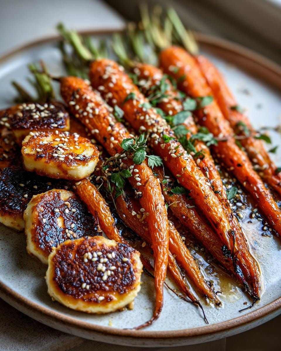 Close-up of Ofengeröstete Karotten mit Halloumi und Sesam, garnished with herbs and sesame seeds on a plate.