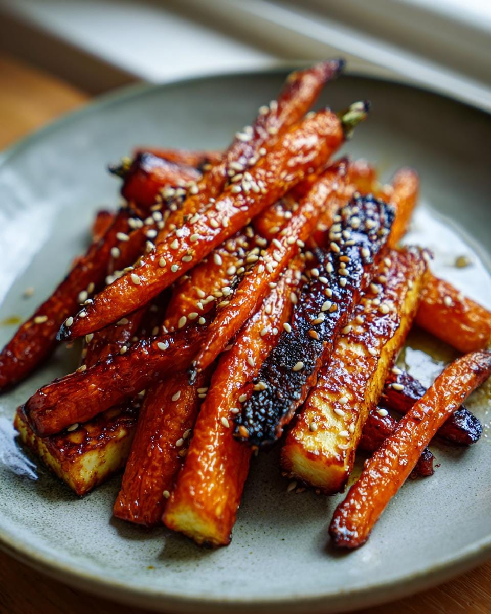Close-up of Ofengeröstete Karotten mit Halloumi und Sesam, featuring roasted carrots, halloumi, and sesame seeds on a plate.