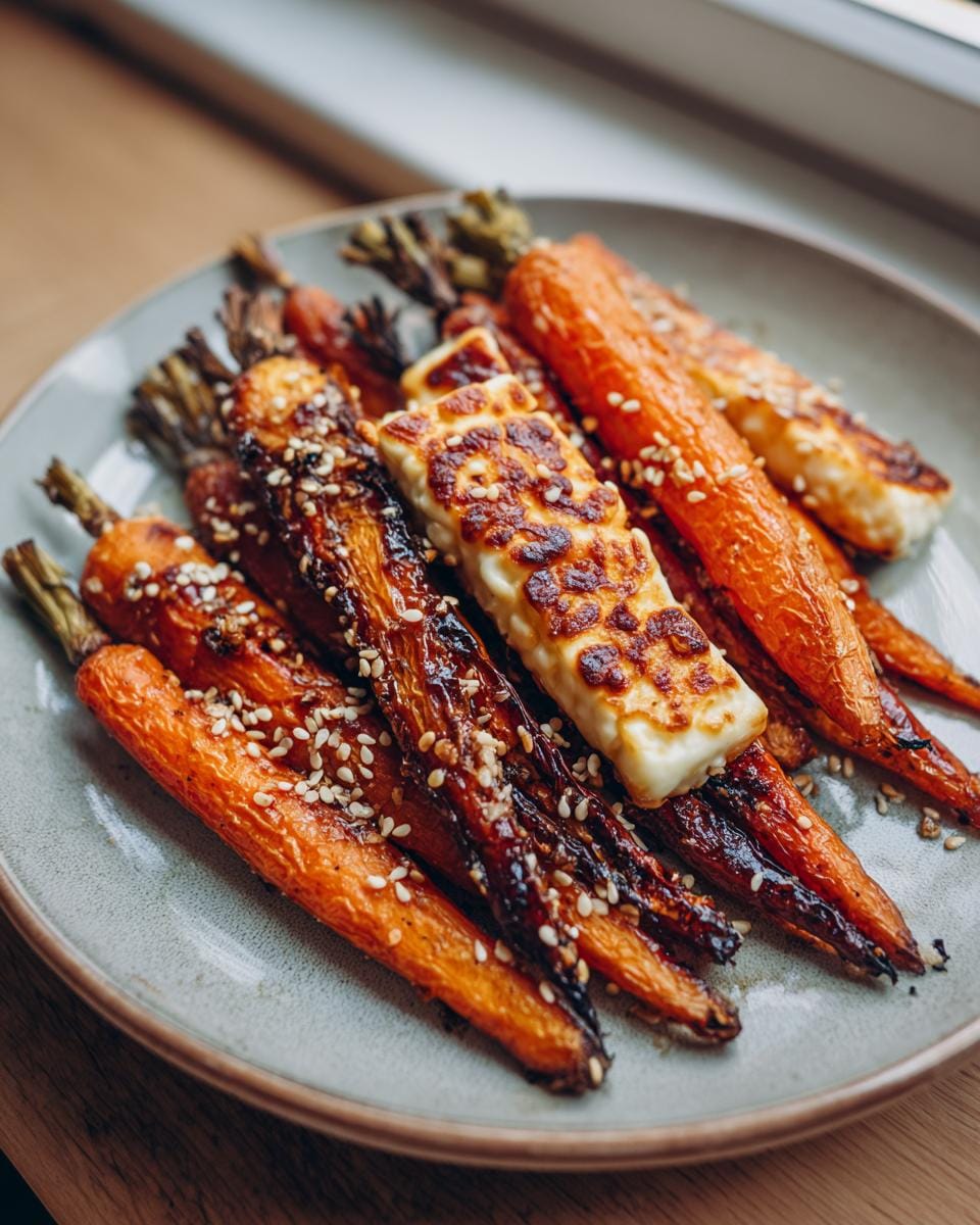 Ofengeröstete Karotten mit Halloumi und Sesam, serviert auf einem Teller. Nahaufnahme der gerösteten Karotten und des Halloumi.